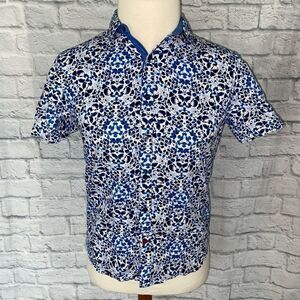 Sons of intrigue Men S button down casual print shirt white & blue